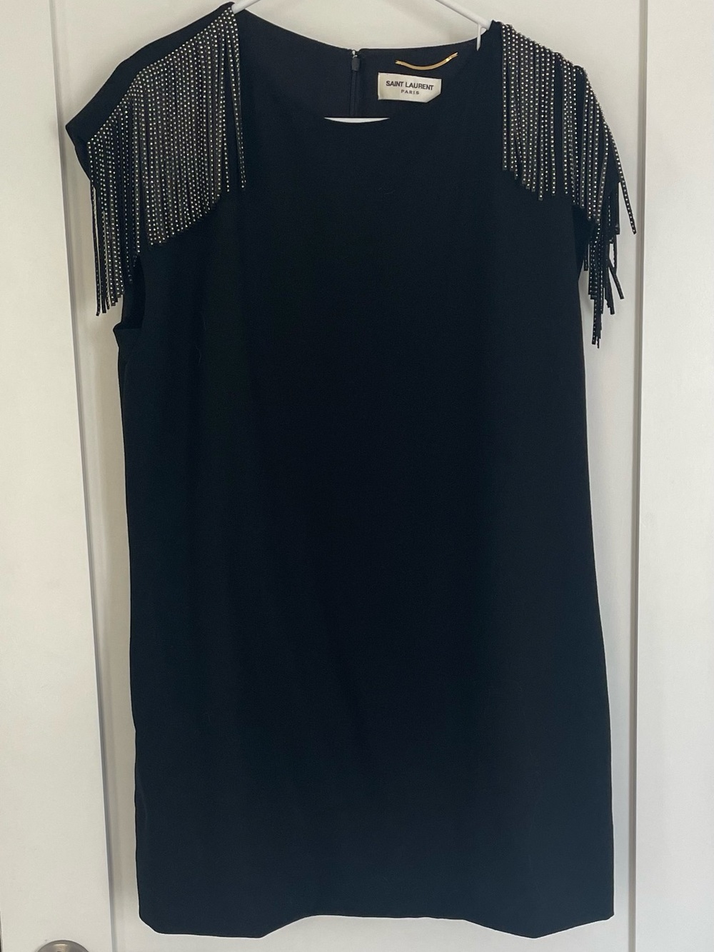 Saint Laurent Black Crepe Mini Dress with Studded Leather Fringe Shoulders